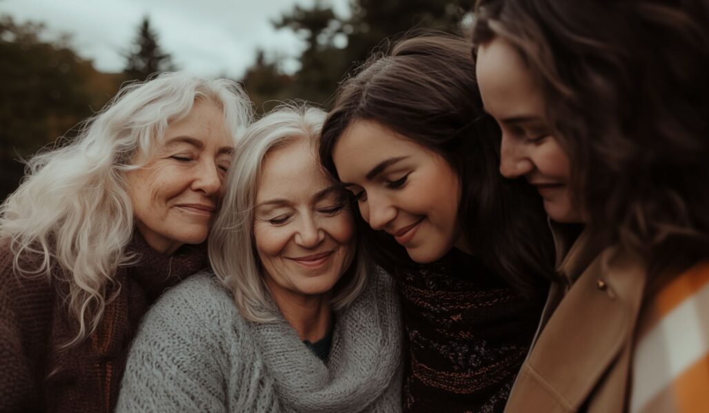 four women huddling together smiling