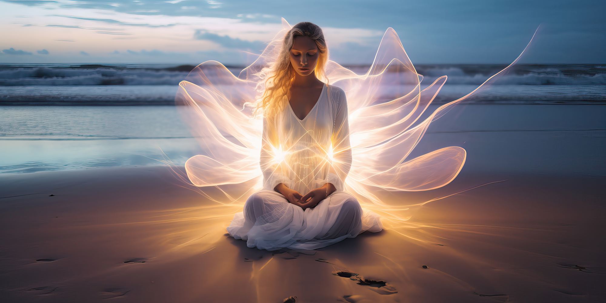 a woman sitting cross legged with etherial light surrounding her