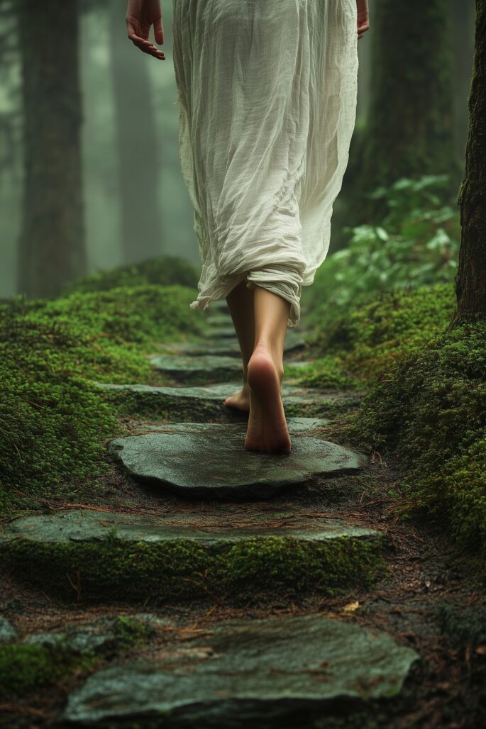 a woman barefoot walking through the forest on a stone path