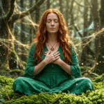 a woman sitting in a forest with her eyes closed and hands on chest