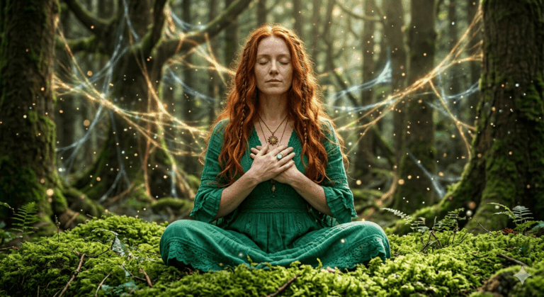 a woman sitting in a forest with her eyes closed and hands on chest