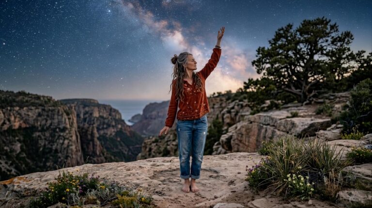 a woman standing on a cliff